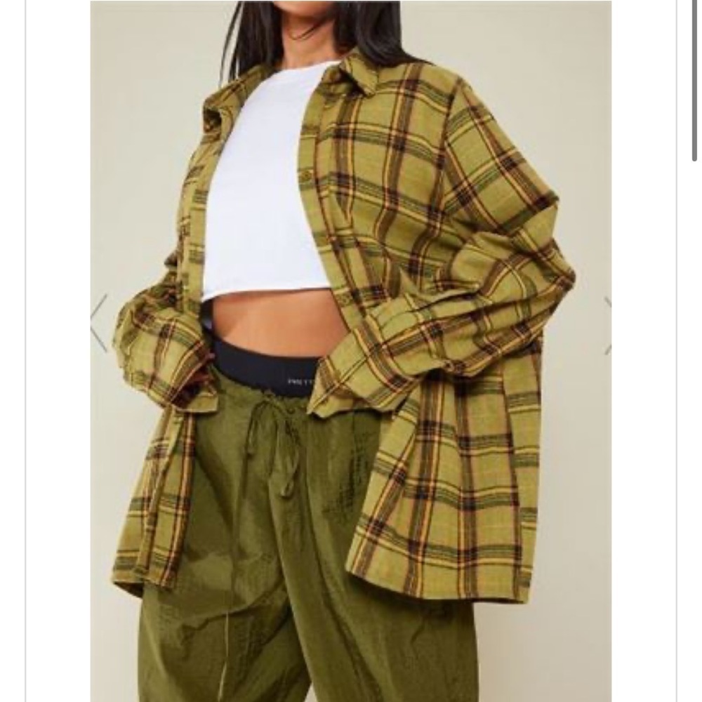 NEW Pretty Little Things Check Womens Oversized Cuff Shirt Size 4 Olive